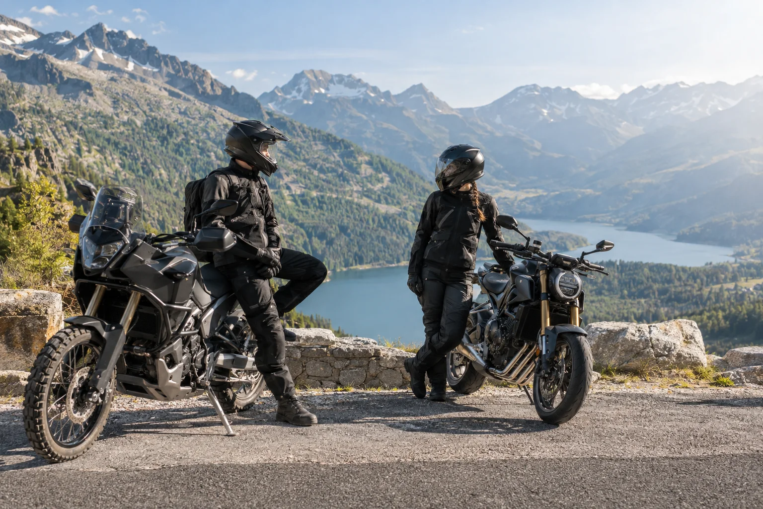 Zwei Motorradfahrer machen gemeinsam Pause an einem alpinen Aussichtspunkt.